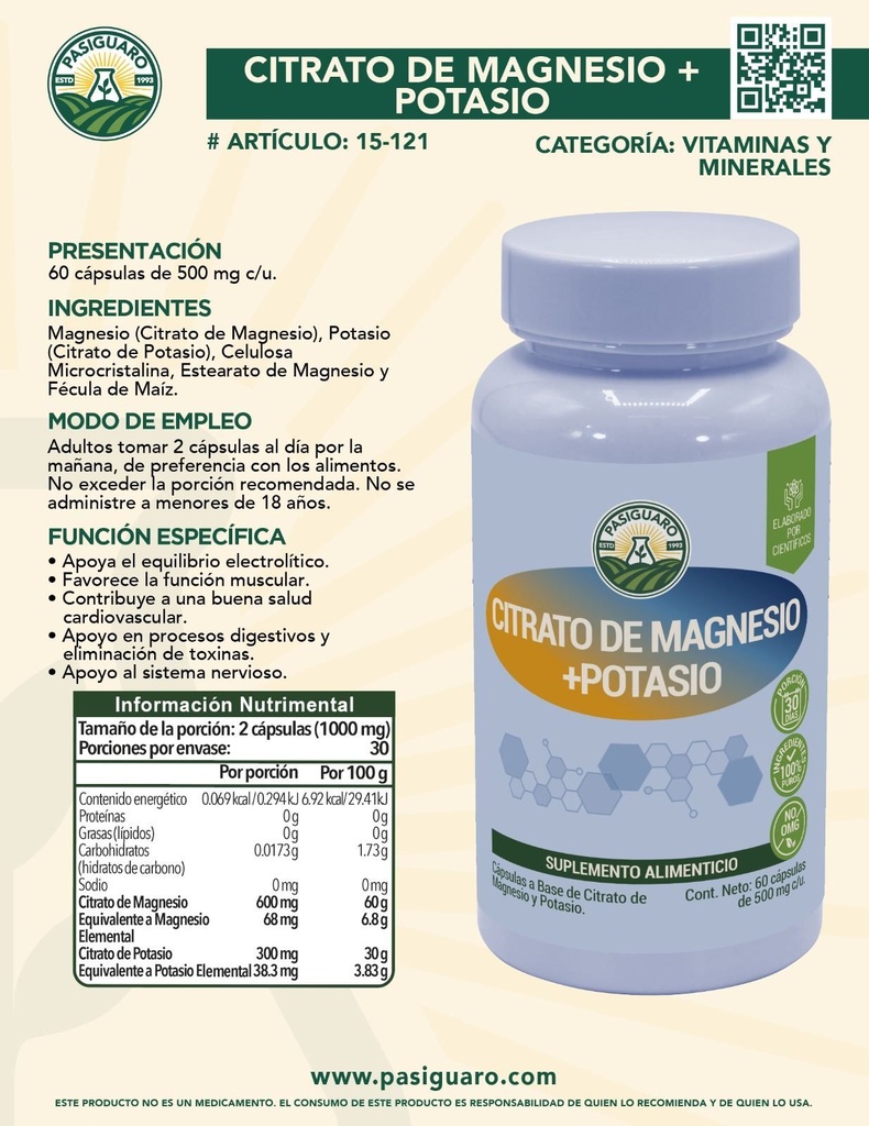 [15-121] Citrato de magnesio + Potasio 60 cápsulas 500 mg